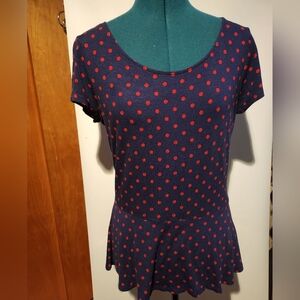 Lightly Used Polka Dot Peplum Top - Navy and Red